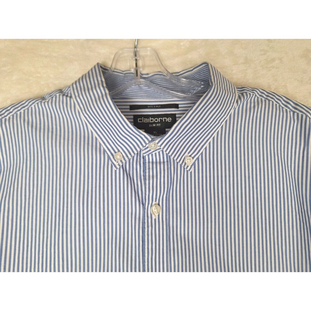 Claiborne Men's XL Slim Fit Button Up Striped Shirt Blue White Preppy 80s 2-Ply